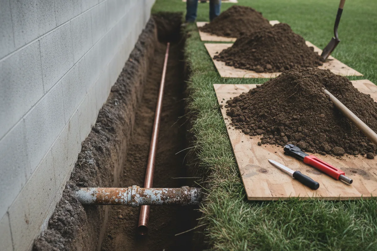 Excavated water line trench during Water Softener Installation in Bretton Woods